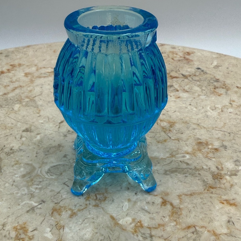Vintage Blue Glass Toothpick/ Matchstick Holder Ribbed Optic Barrel Shape